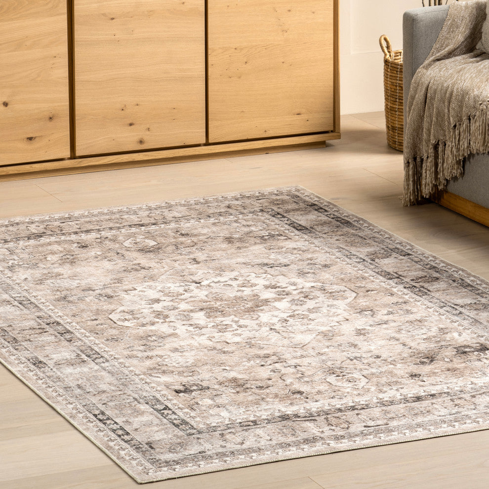 Nuloom Davi Faded Stain-Resistant Machine Washable Area Rug, Stone 4'x6'