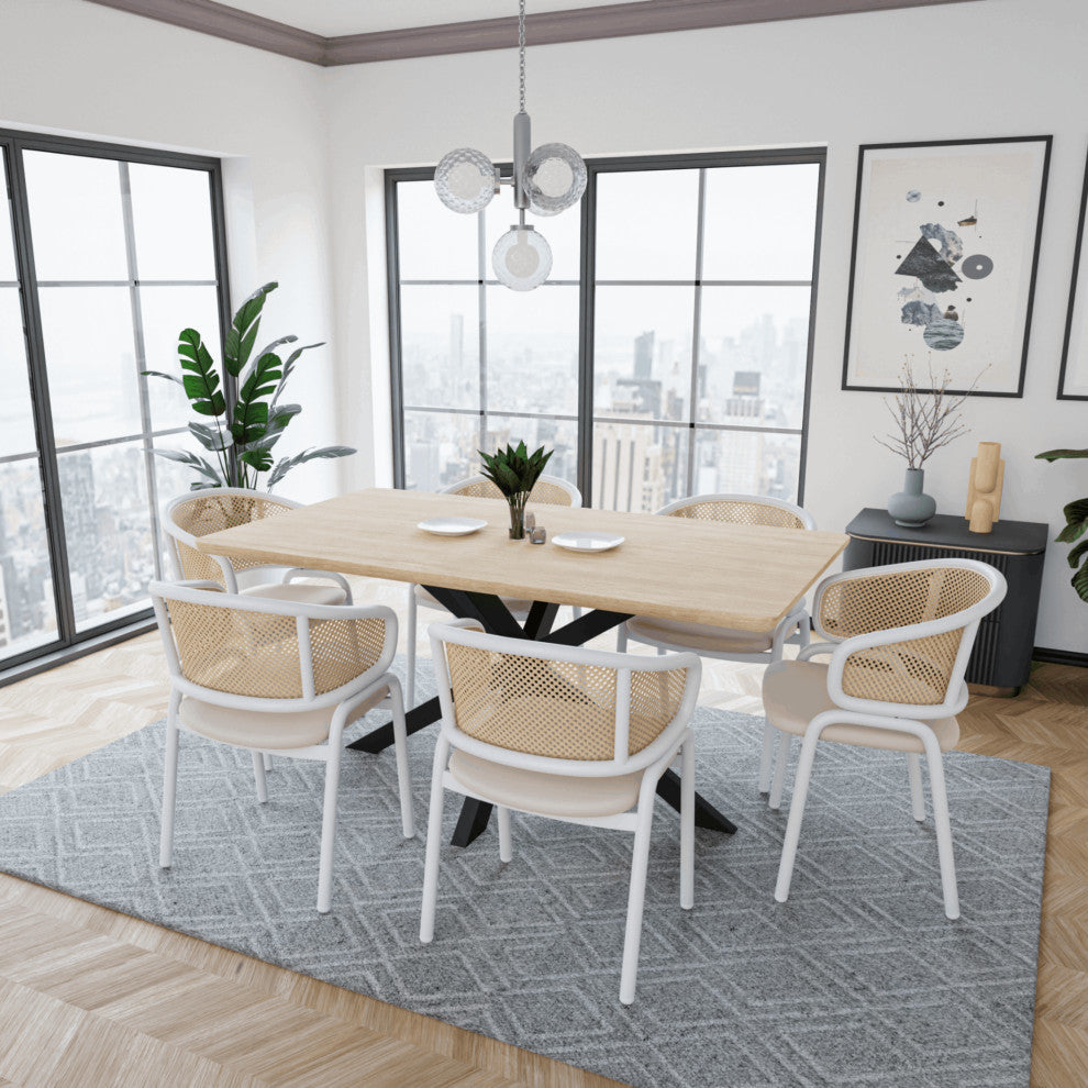 LeisureMod Ervilla Dining Armchair With White Steel Base, Beige