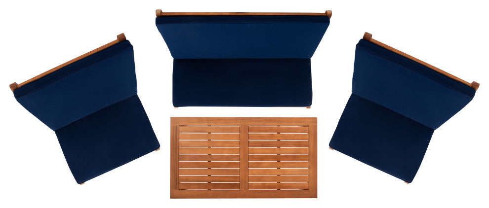 Safavieh Chaston Indoor-Outdoor 4-Piece Living Set, Natural Wood/Navy Cushion