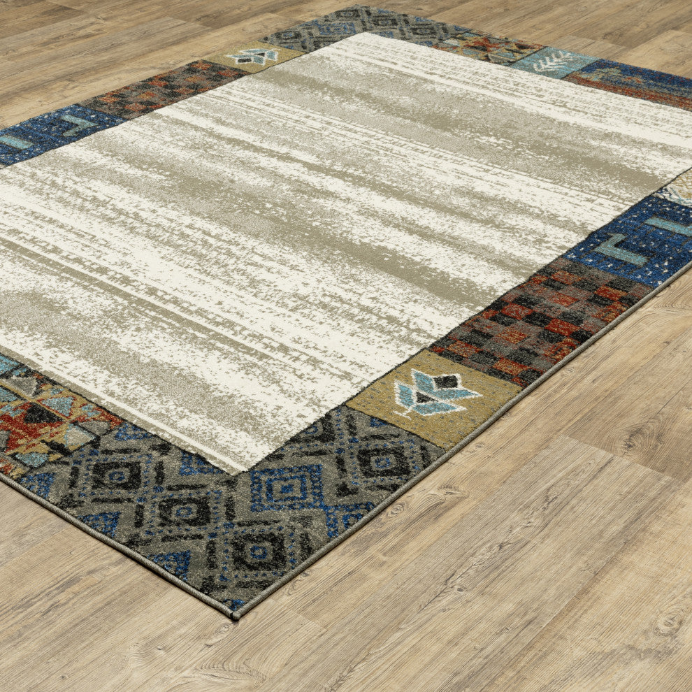 Vander Patchwork Border Beige/Multi-colored Indoor Area Rug, Beige, 5'3"x7'3"
