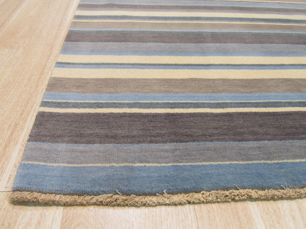 Blue/Brown Striped Handmade Wool Rug, 5'6x8'