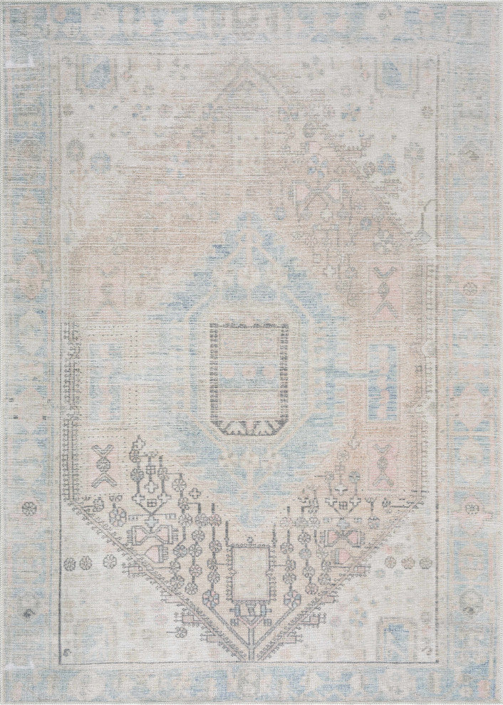 Hauteloom Light Brown and Blue Baloy Washable Area Rug, 6'7"x9' Rectangle