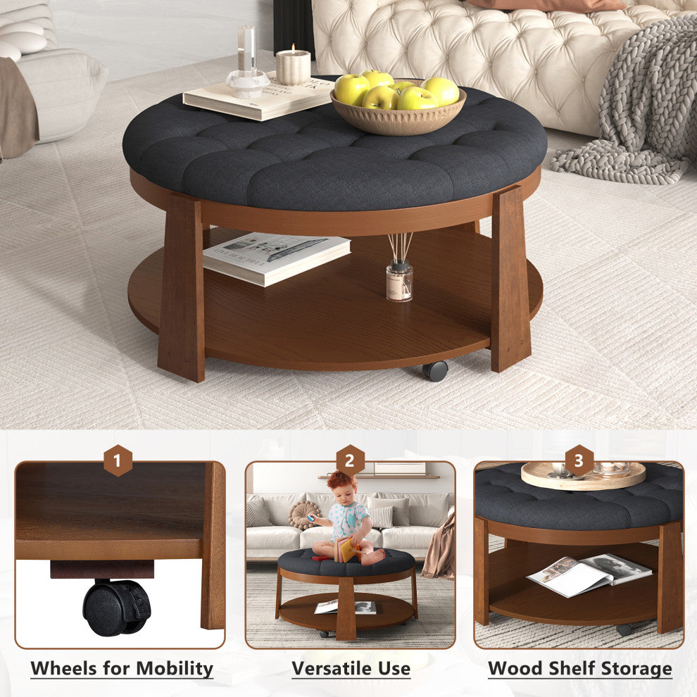 Gewnee Modern Large Round Ottoman Coffee Table, Black