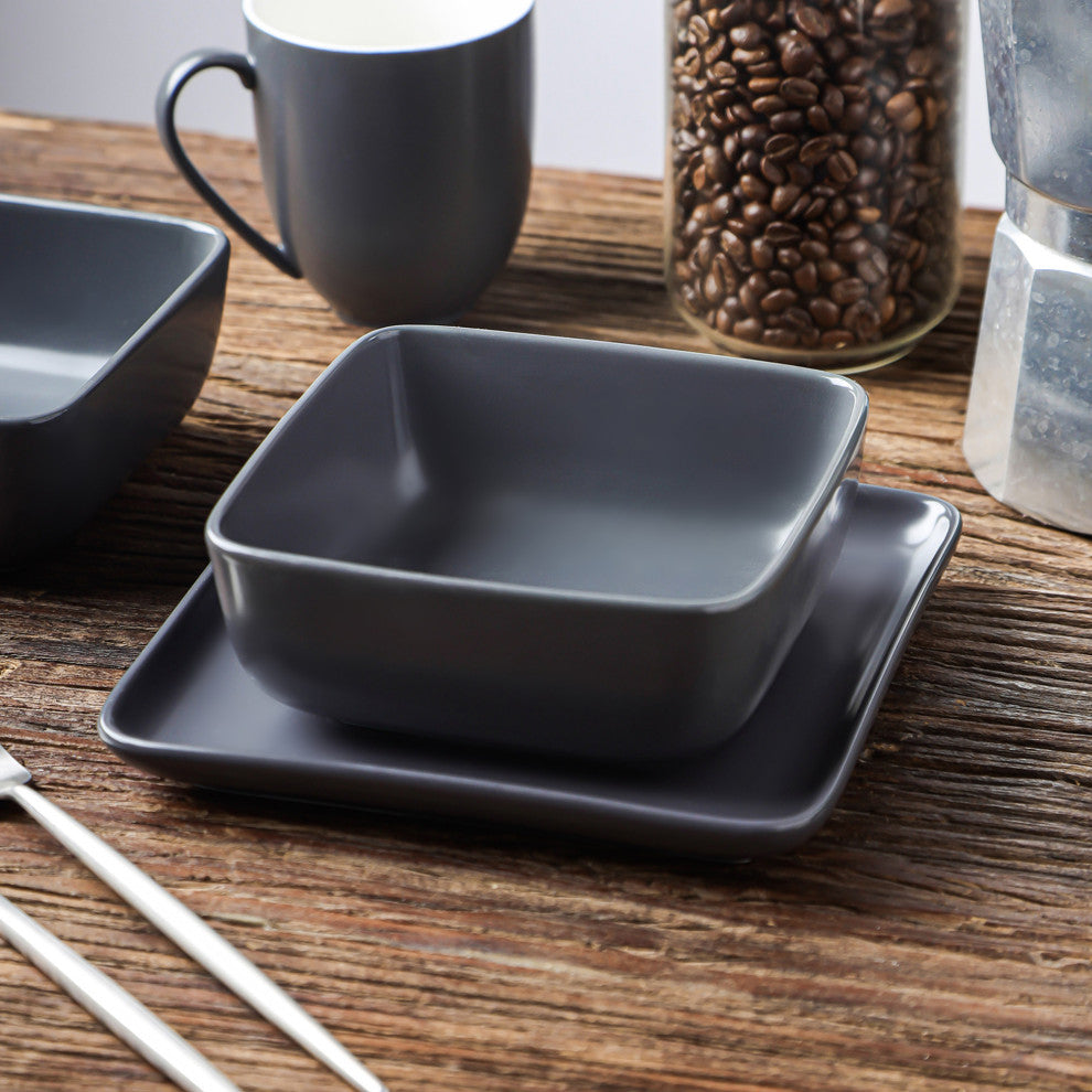 Stone Lain Amy Porcelain Plates and Bowls Sets, 24 Piece Dinnerware Set, Gray