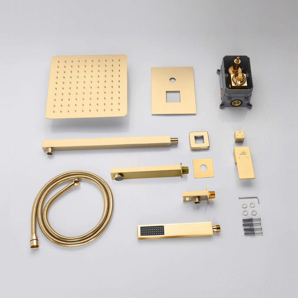 CASAINC 10" Wall Mounted Luxury Dual Rainfall Shower System Kit w Bathtub Spout, Gold