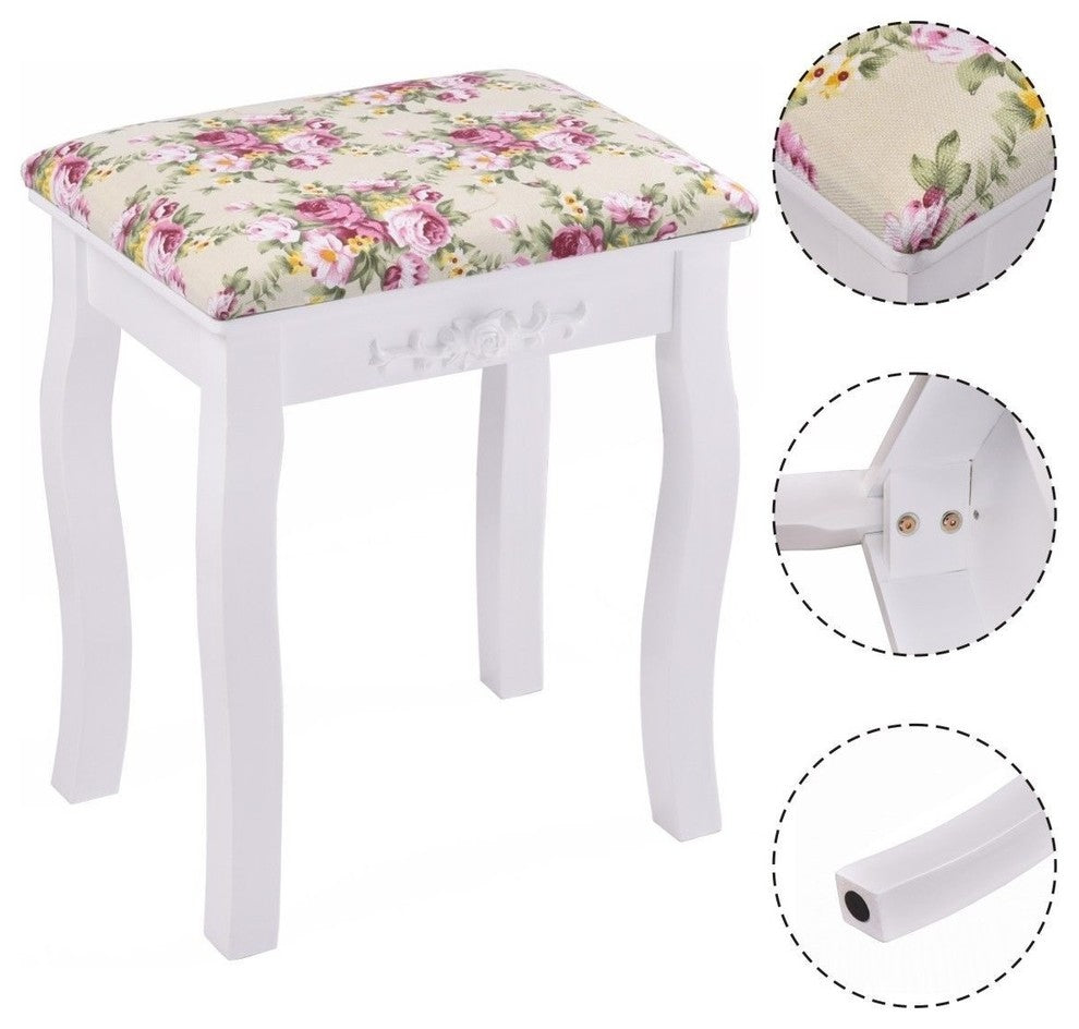 Vanity Wood Dressing Stool Padded Piano Seat With Rose Cushion, White