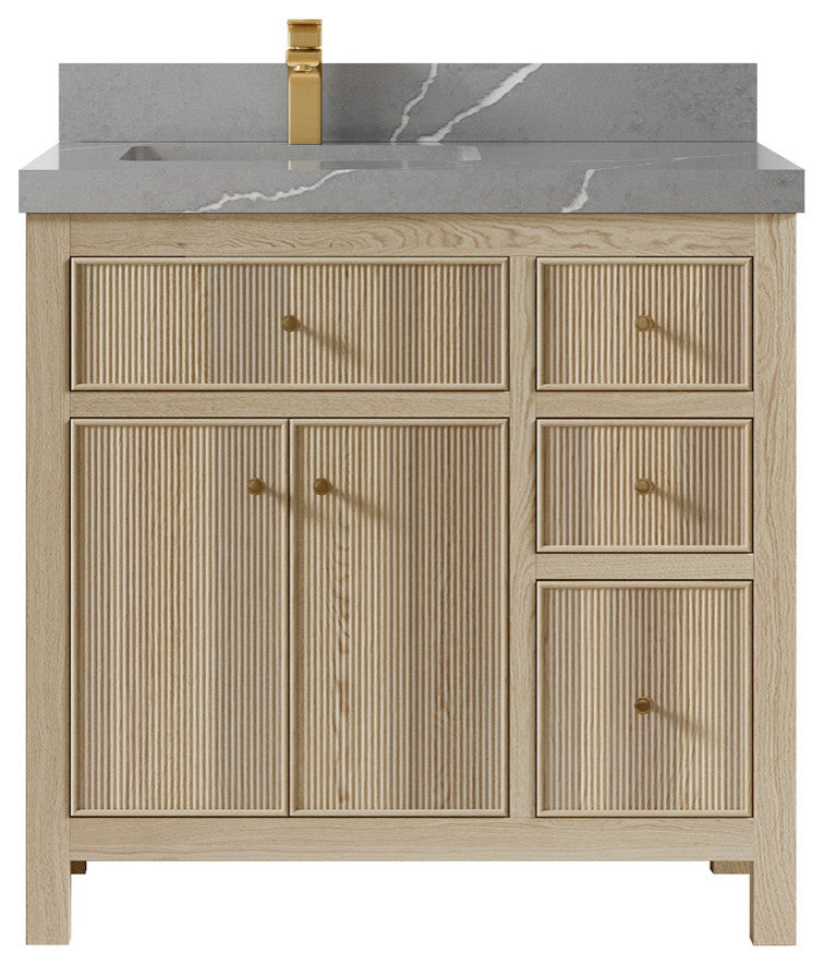 Sonoma Oak 36 Left Offset Bath Vanity with 2" Piatra Gray Quartz