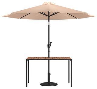 3 Pc Patio Table Set -30" x 48" Square Teak Patio Table w/Umbrella & Base, Tan