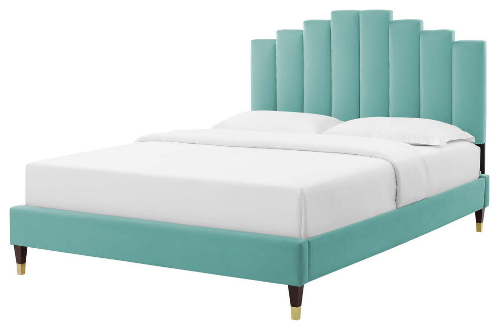 Platform Bed Frame, Full Size, Velvet, Blue, Modern Contemporary, Bedroom Master