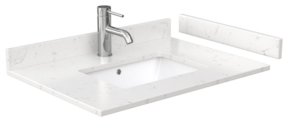 30"SGL Vanity White, Light-Vein Carrara Cult. Marble Countertop, Sink, Gold Trim