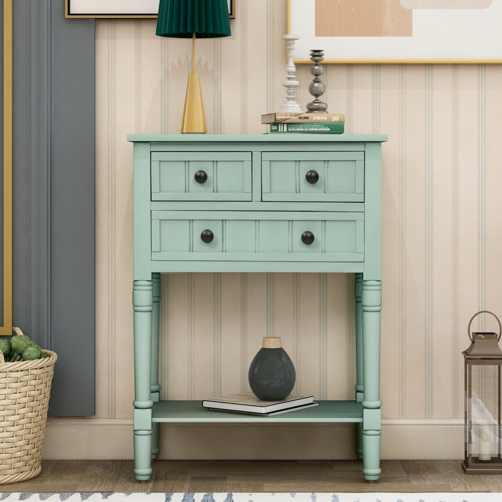 Narrow Console Table with Three Storage Drawers, Antique Blue