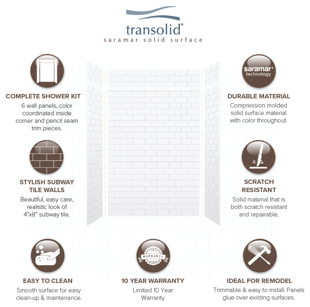 Transolid SaraMar 60"x36"x96" 6-Piece Shower Wall Kit with Extension, White