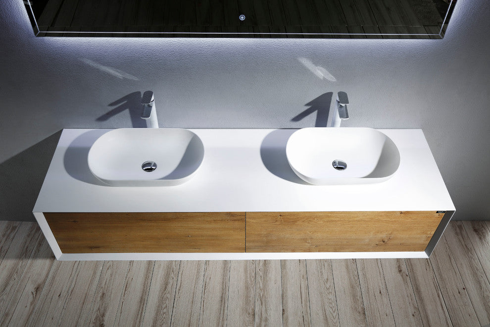 Alma-Fiona Nature Oak Finish Floating Vanity with Vessel sink, 72"