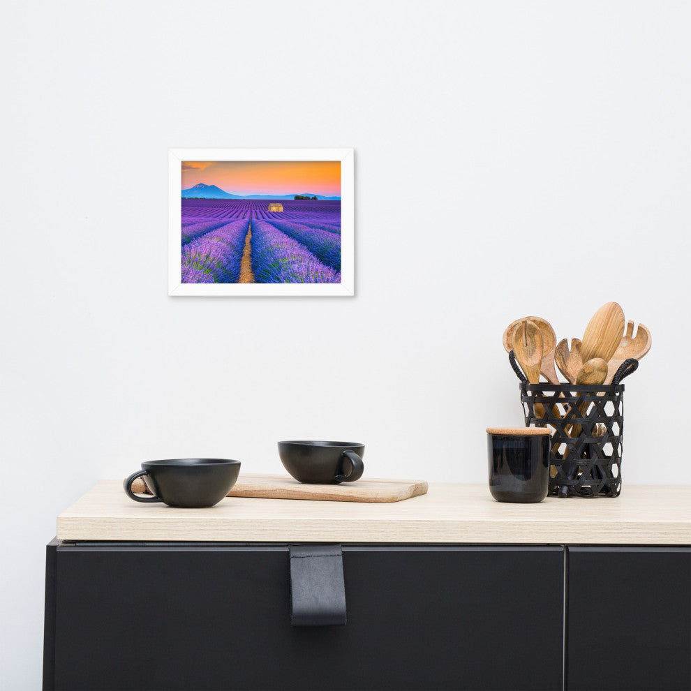 Blooming Lavender Field and Sunset Floral Landscape Framed Photo Wall Art Prints, White, 8" X 10"