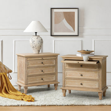 3-Drawer Nightstand With  Built-In Outlets Set of 2, Natural