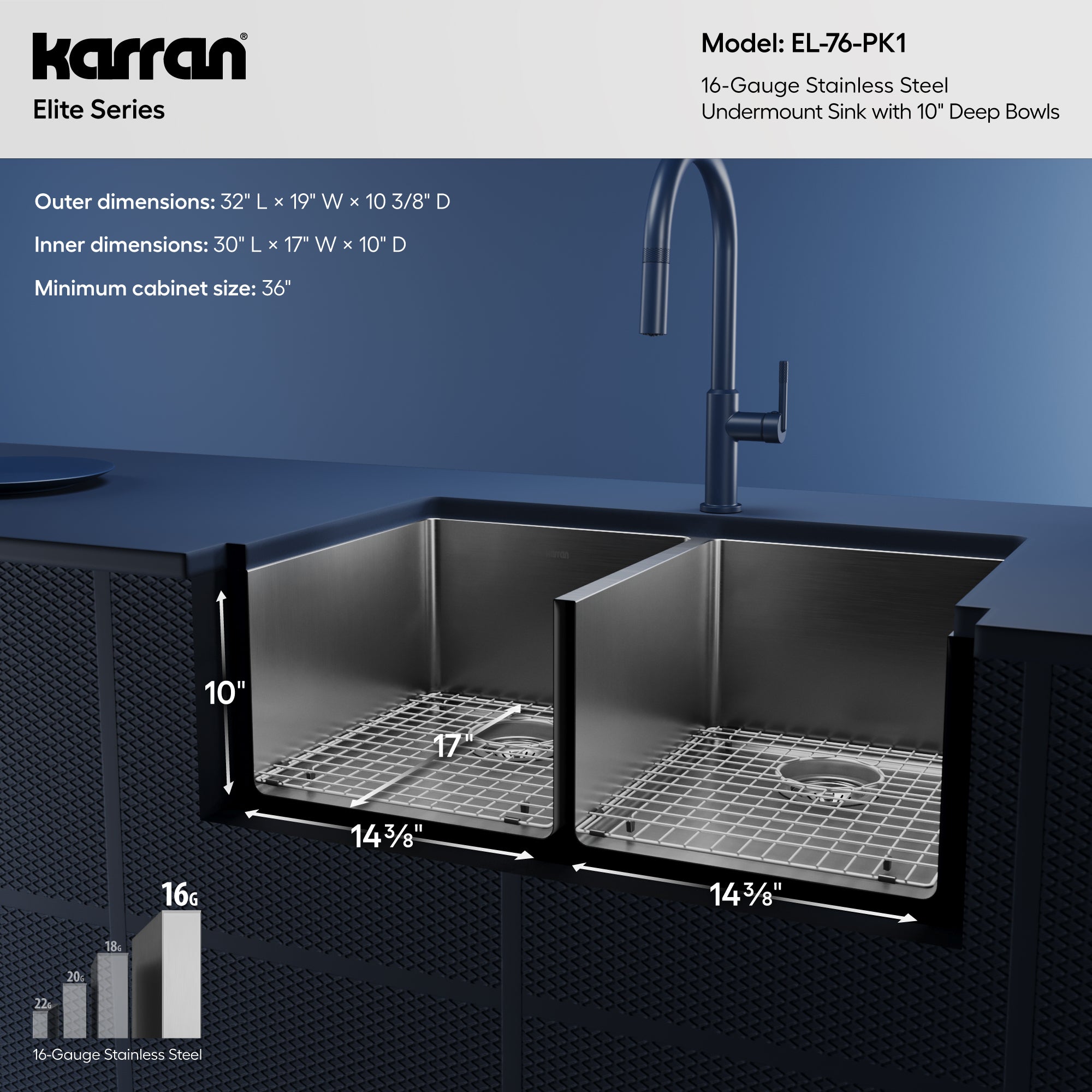 Karran 32" Undermount Double Equal Bowl Stainless Steel Kitchen Sink Kit