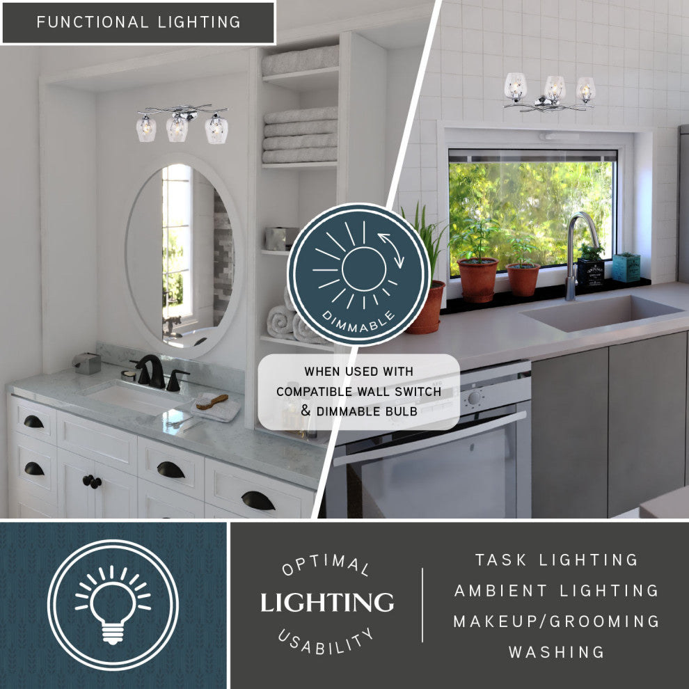 Wilmette 24" 3-Light Modern Chrome Bathroom Vanity Fixture, Clear Glass Shade