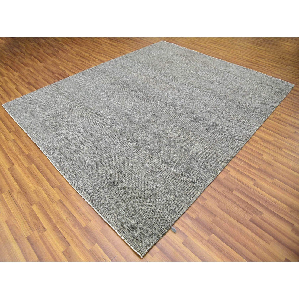 Gray, Modern Grass Design, Natural Undyed Wool, Hand Knotted, Rug, 8'x10'1"