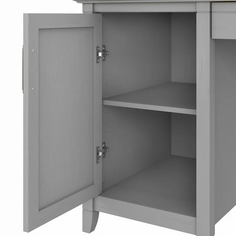 Farmhouse Desk, Wooden Frame With X-Accents & Spacious Cabinet, Cape Cod Gray