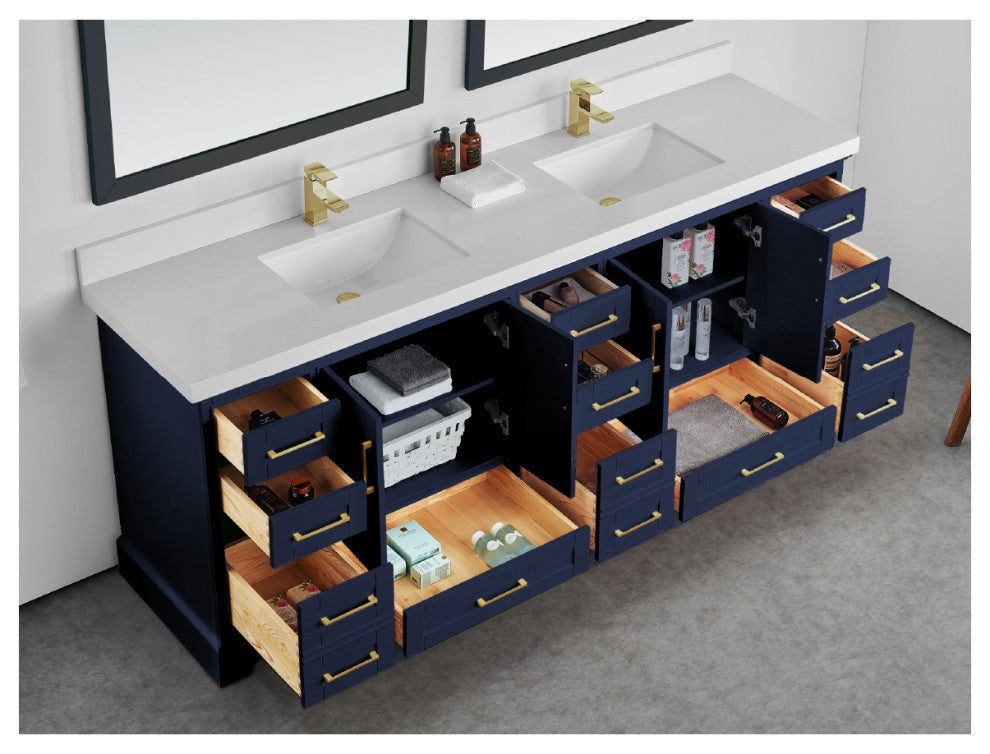 Fenway 84 Double Sink Bath Vanity in Navy Blue 2" Carrara Marble