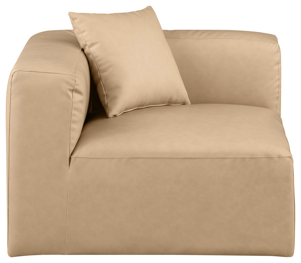 Cube Upholstered Modular Component, Tan, Vegan Leather, Corner Chair