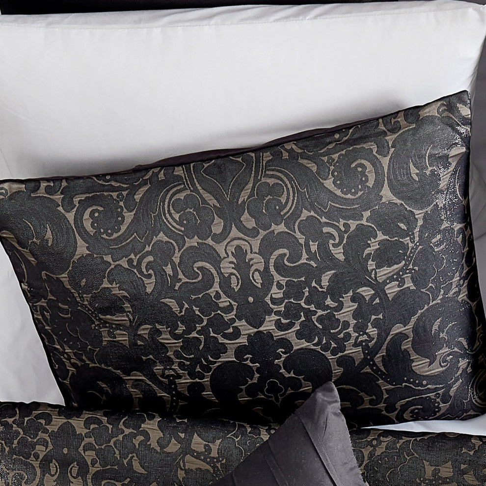 Benzara BM283918 9 Piece Polyester King Comforter Set, Charcoal Gray