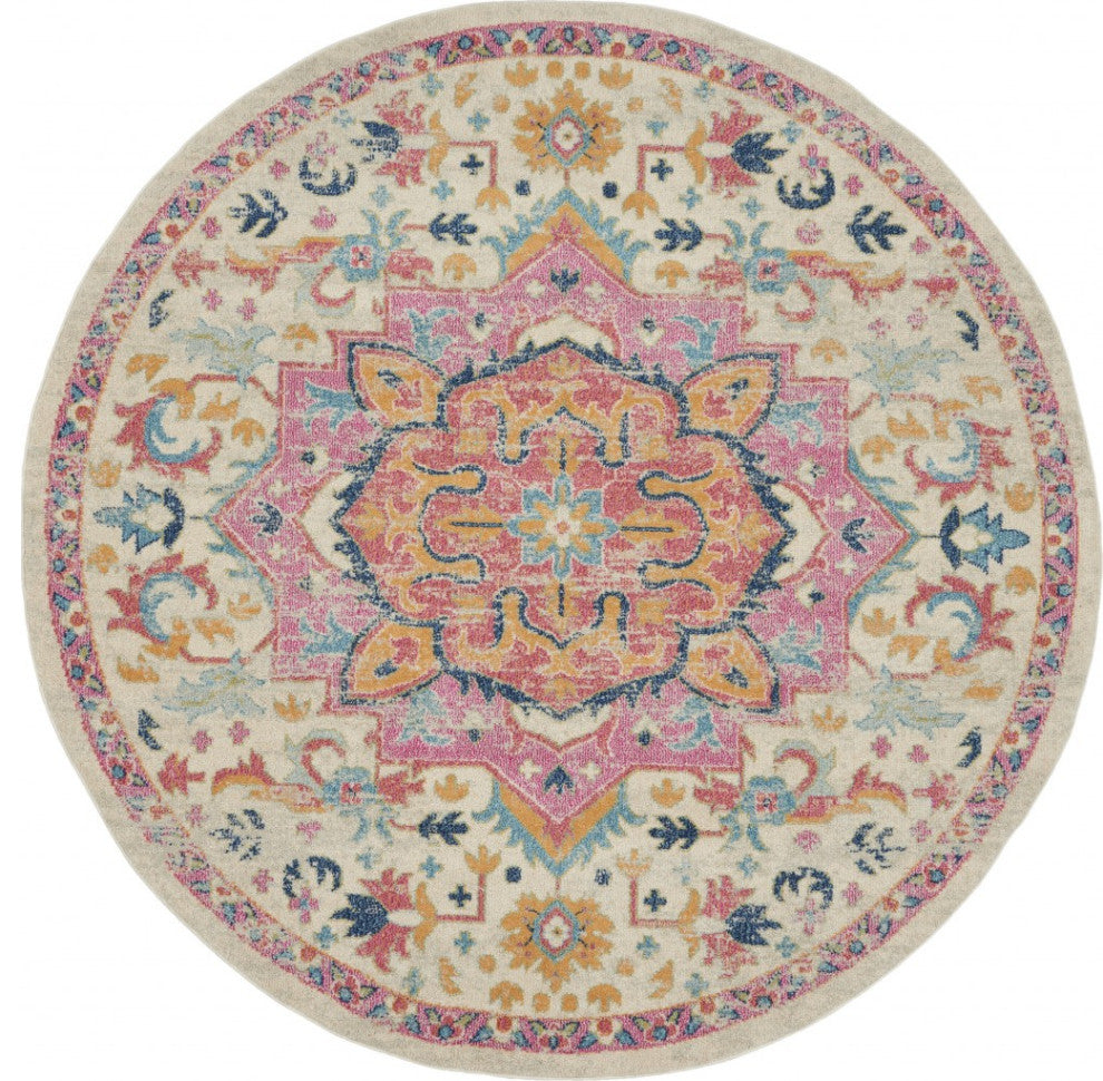 8' Pink And Ivory Round Southwestern Dhurrie Area Rug