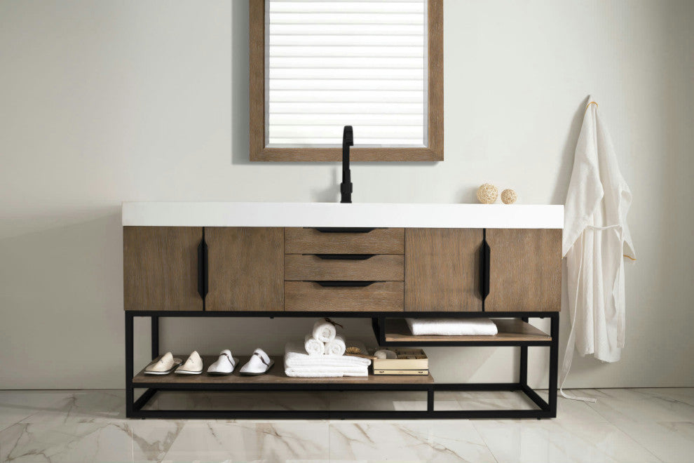 Columbia 72" Single Vanity, Latte Oak, Matte Black, Glossy White Composite Top