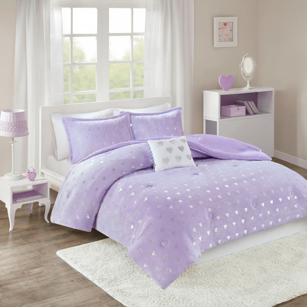 Mi Zone Rosalie Metallic Printed Plush Comforter Set, Purple/Silver