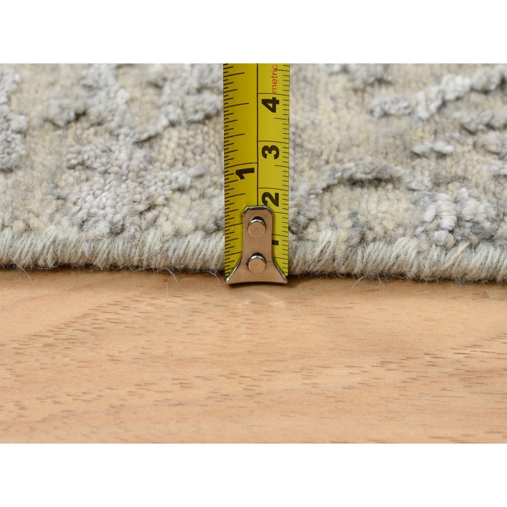 Gray, Modern Abstract Design Wool and Silk, Hand Knotted Mat Rug, 2'0" x 2'10"