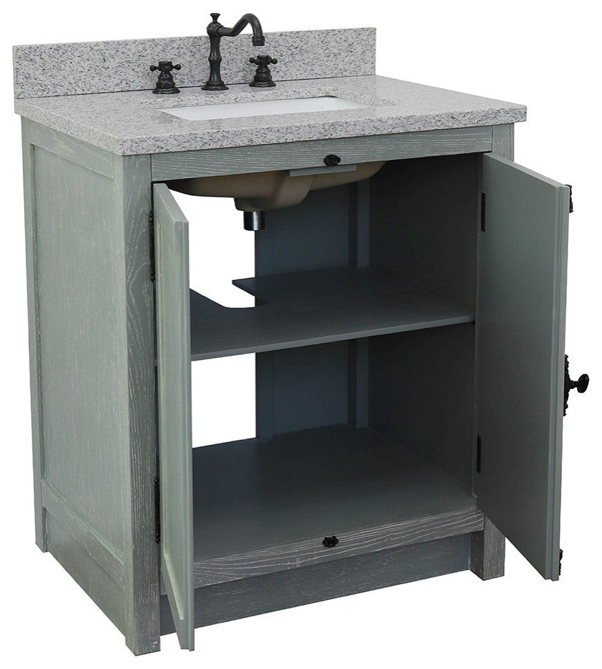 30" Single Vanity, Gray Ash, Gray Granite Top, Rectangle Sink