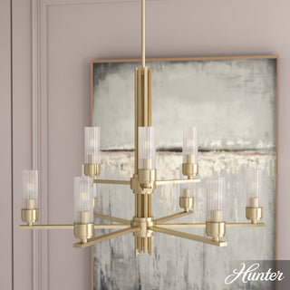 Gatz Alturas Gold, Ribbed Glass 9 Light 2-tier Chandelier Ceiling
