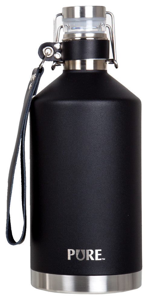 64oz Stainless Steel Beer Growler With Leather Strap, Black