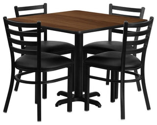 36'' Square Walnut Laminate Table, 4 Ladder Back Metal Chairs, Black Seat