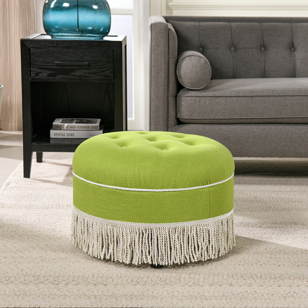 Yolanda 24" Upholstered Round Accent Ottoman, Bright Chartreuse Linen