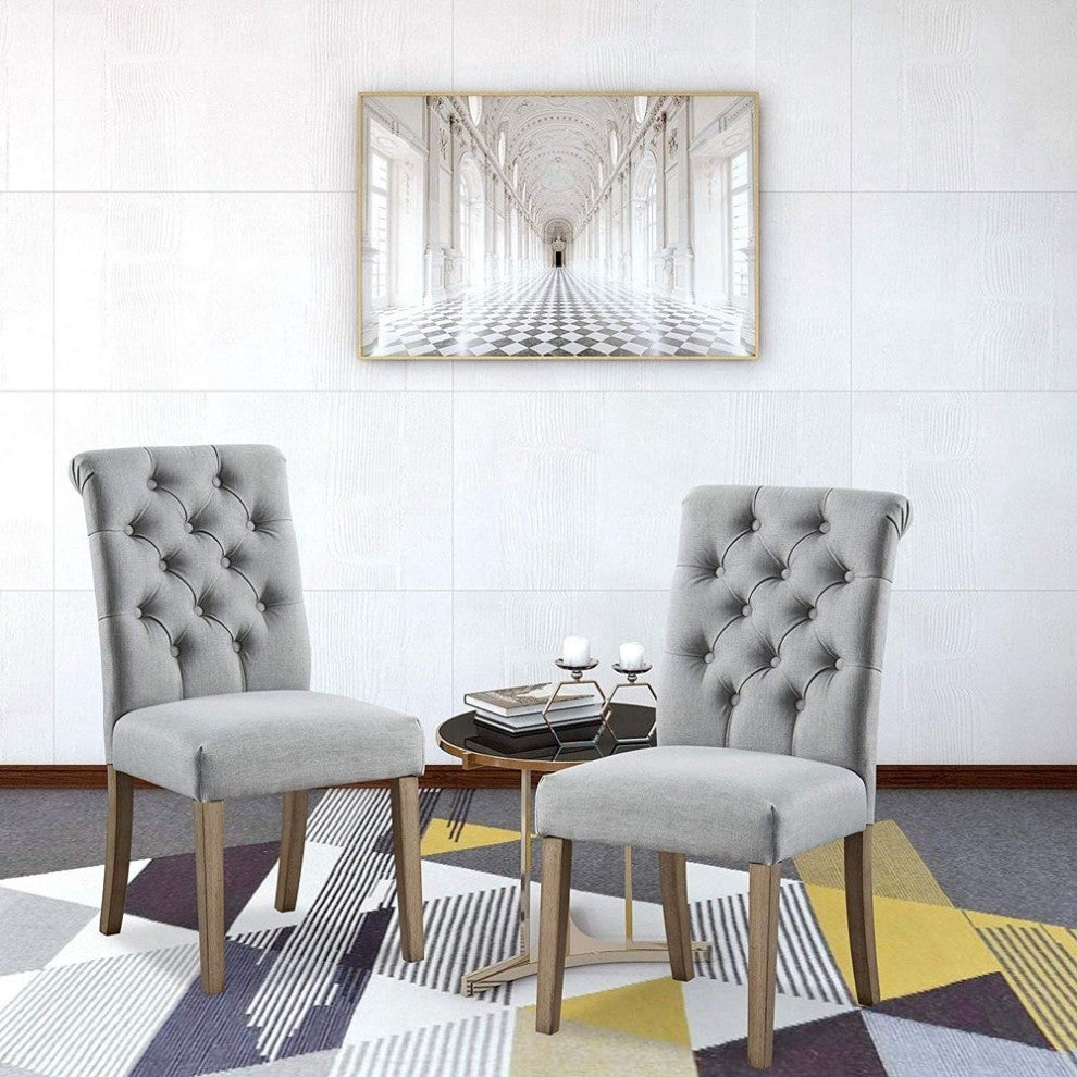 Button Tufted Armless Dining Room Chairs, Set of 2, Gray