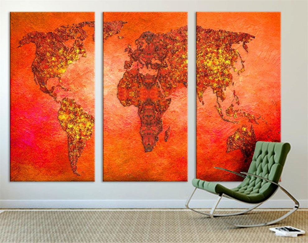 Orange-Red World Map Canvas Print Wall Art, 3 Panel Split, Triptych, 6