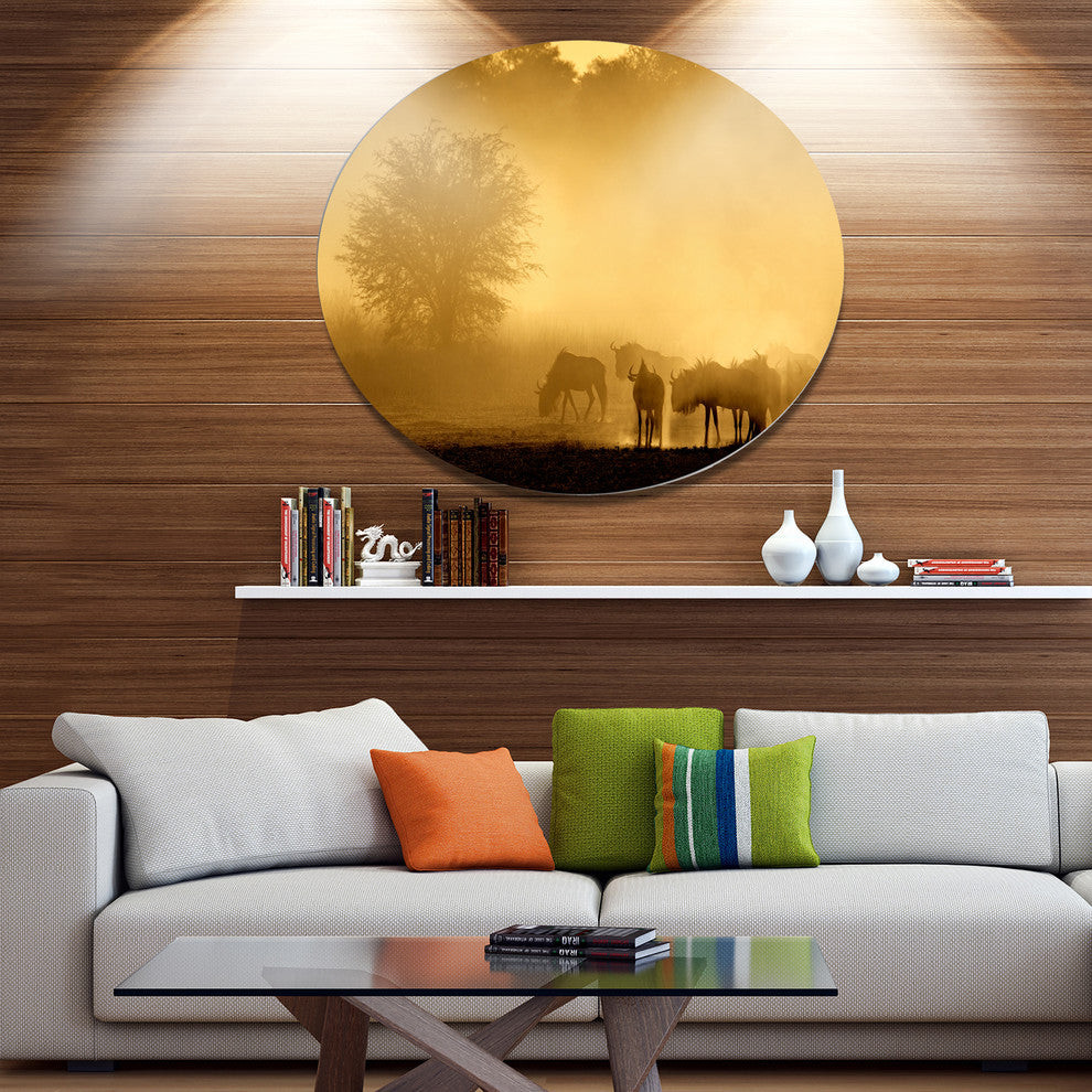 Blue Wildebeest At Sunrise, African Disc Metal Wall Art, 38"