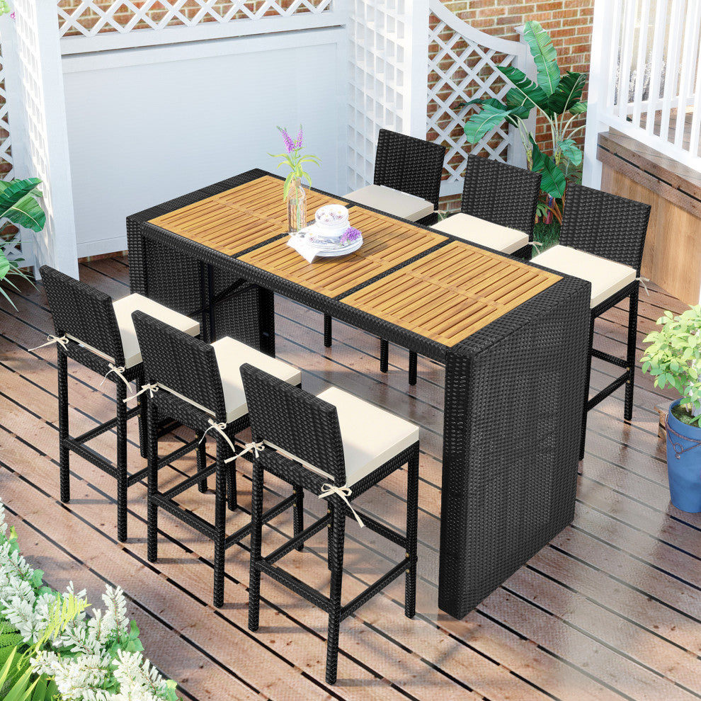 7 Pieces Outdoor Patio Bar Furniture Rattan Dining Table Set With Dining Chairs