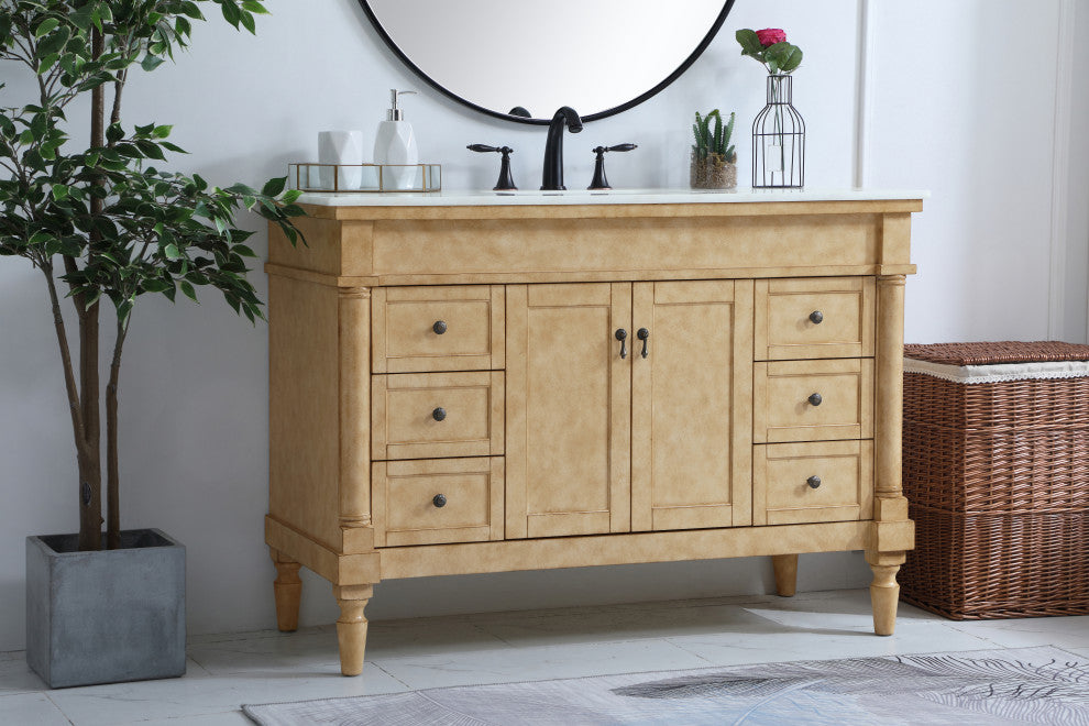 48" Single Bathroom Vanity, Antique Beige With Ivory White Engineered Marble