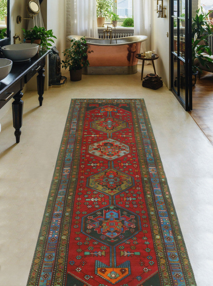 Fine Vintage Distressed Marianne Rust/Blue-Gray Runner, 3'7x13'5