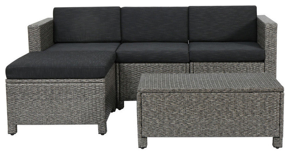 GDF Studio Lorita Outdoor 5-Piece Gray Wicker Sectional Sofa With Black Cushions