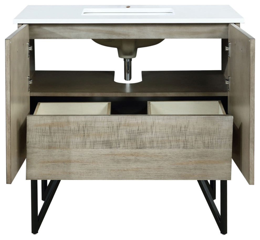 Lancy 36" Rustic Acacia Bathroom Vanity, White Quartz Top, And White Square Sink