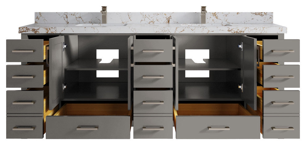 Malibu 84 Double Sink Bath Vanity in Elephant Skin Gray 2" Viola Gold