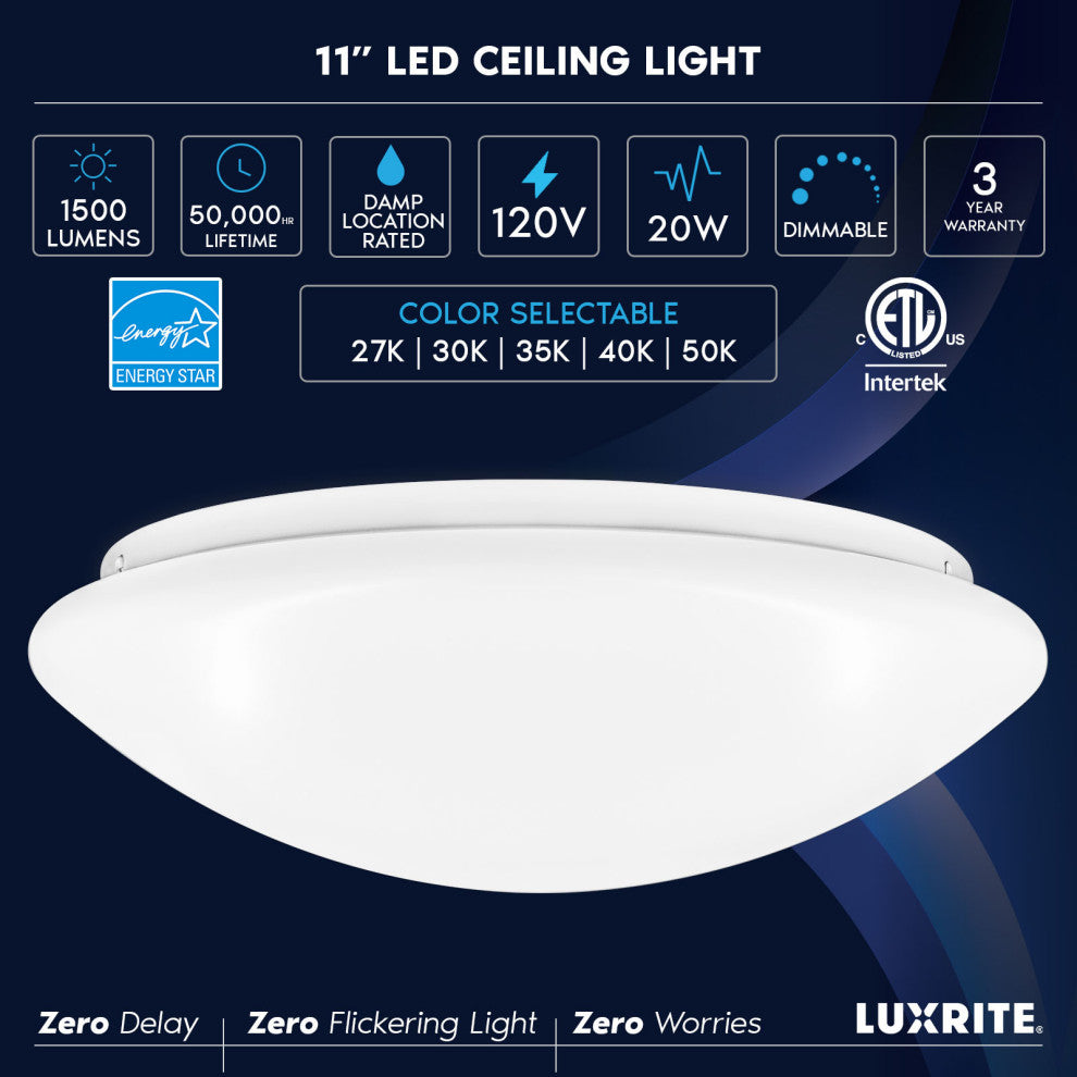 Luxrite 11" LED Flush Mount Light, 20W, 5 CCT, 1500 Lumens, Dimmable