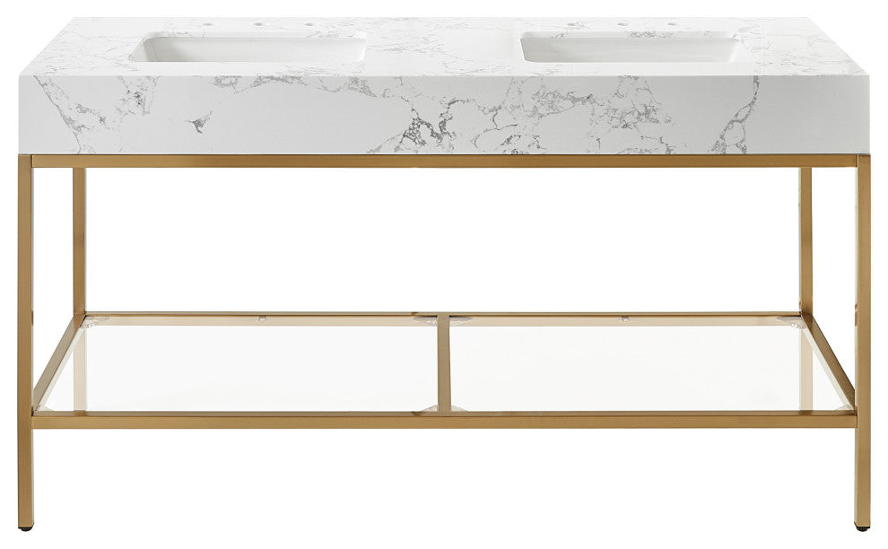 Marmo Bathroom Vanity, White, 60" Wide, Brushed Brass Finish