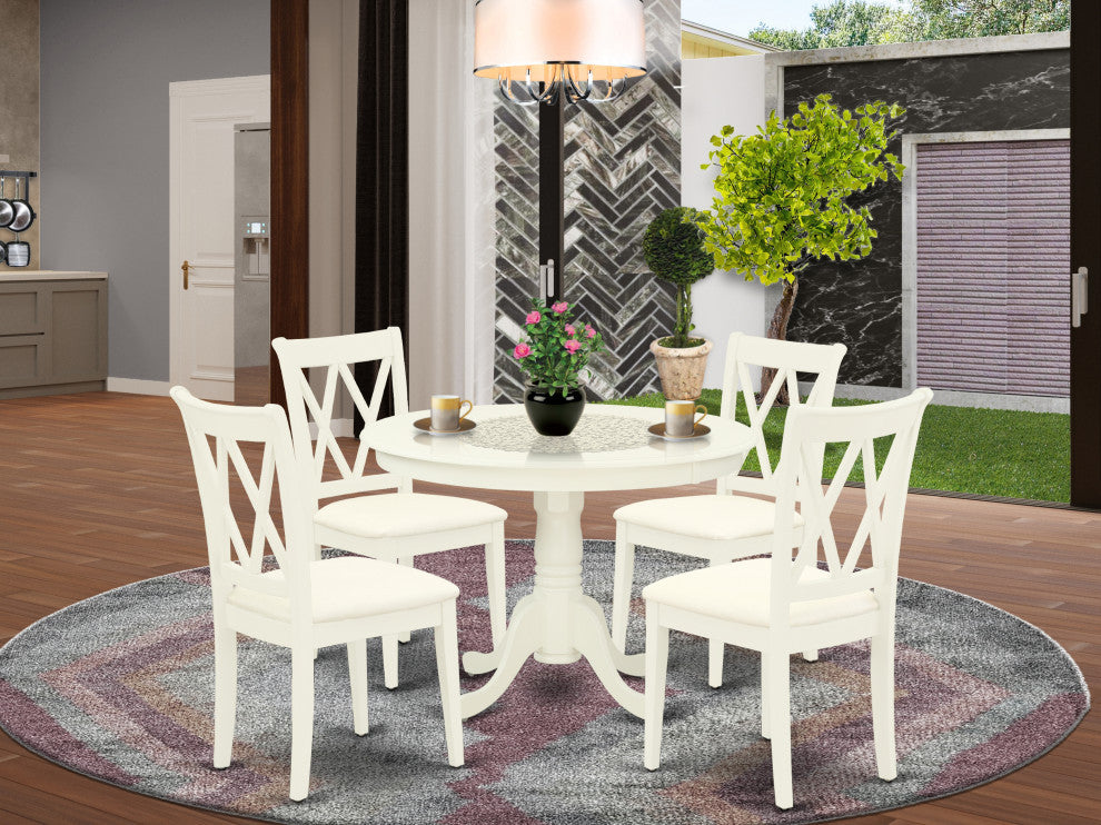 5Pc Dining Set, Round Dinette Table, Four Kitchen Chairs, Linen White Finish