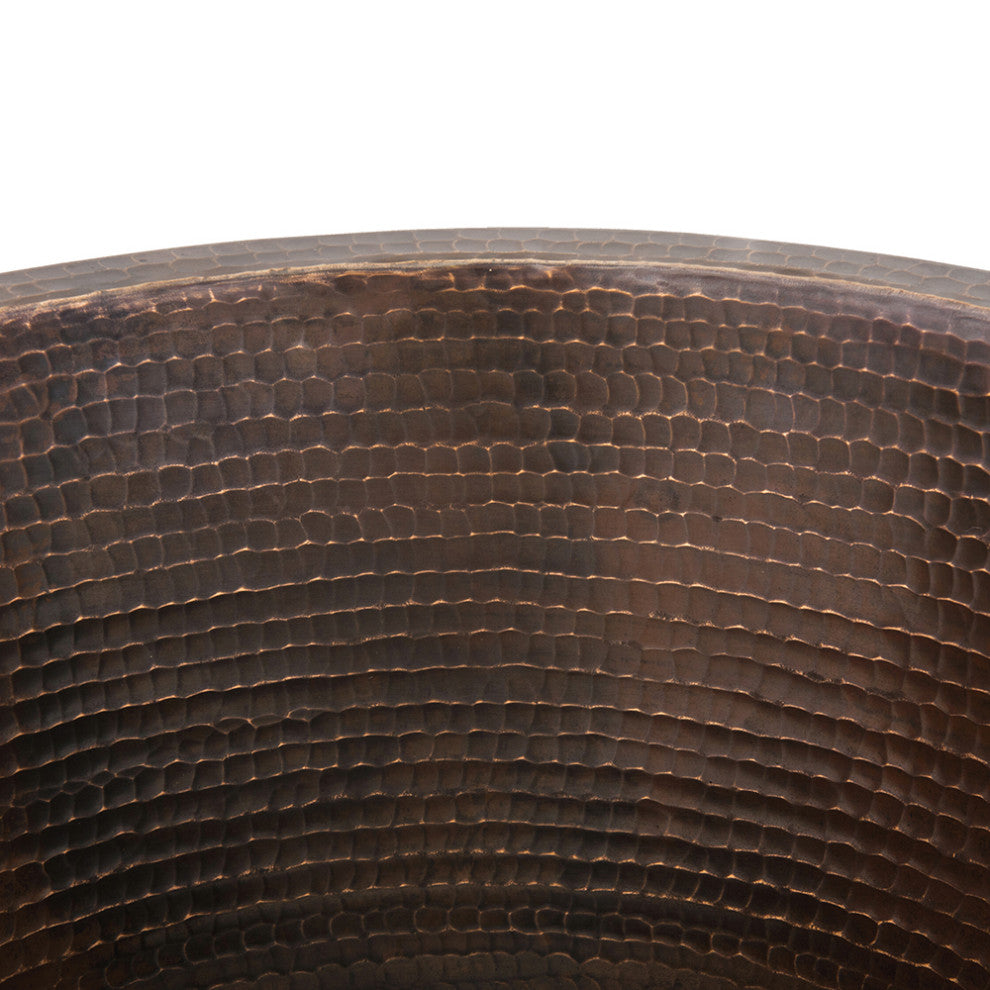 16" Round Hammered Copper Prep Sink, 3.5" Drain Opening, Drain & Accessories