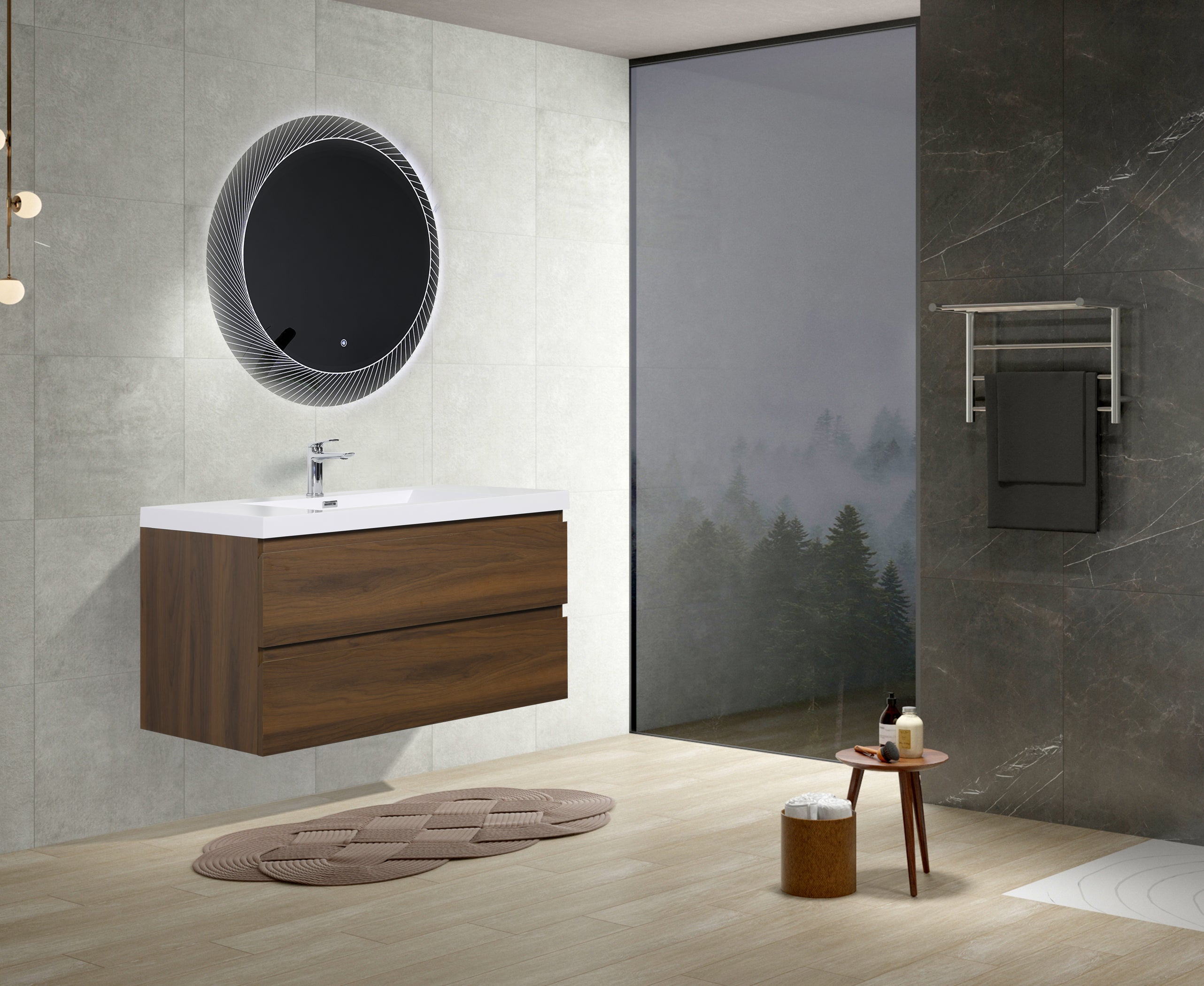 Alma-Pre Wall Mount Vanity With White Sink, Ebony Brown, 42"