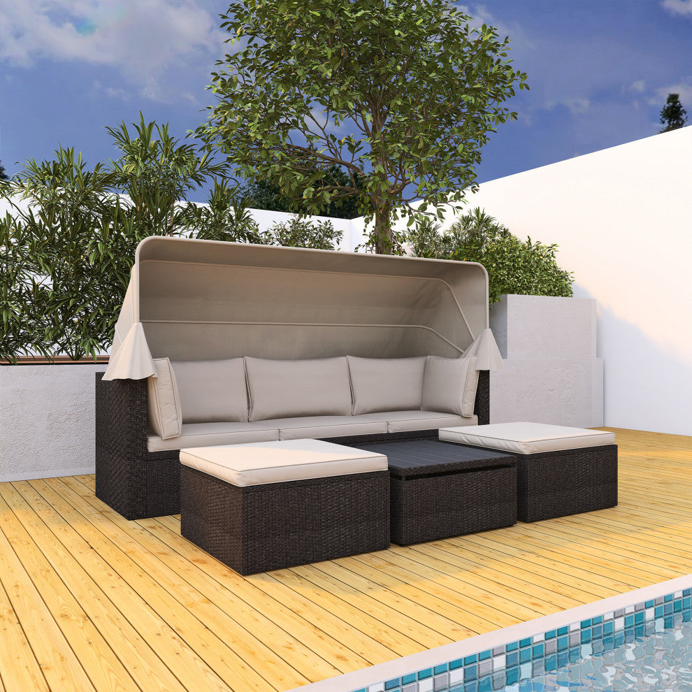 4-Piece Outdoor Wicker Sectional Patio Daybed with Canopy and Ottoman, Black Bei